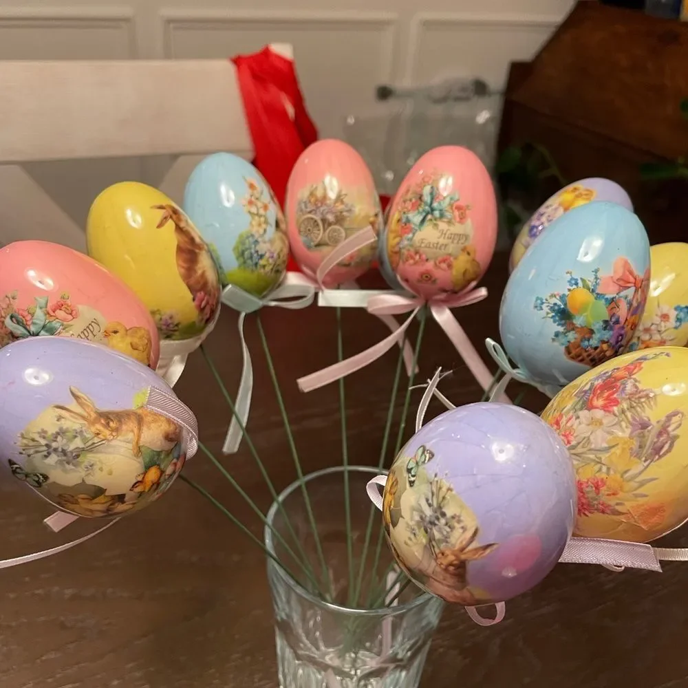 Vintage Decoupage Eggs with Vintage Easter Prints on Long Wire Picks with Ribbon